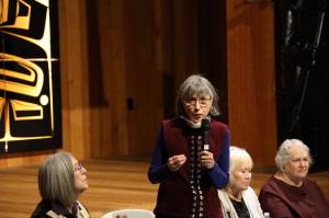 Clarise Larson / Juneau Empire 
Lillian Petershoare speaks into a microphone during a Walter Soboleff Day presentation in the Walter Soboleff Building Monday afternoon. She was joined by members of the Kuneix Hidí Northern Light United Churchs Native Ministries Committee Barbara Searls, Maxine Richert and Myra Munson to talk about an overture developed by in 2021, which analyzed and openly outlined the injustices and racially charged motives that led to the closure of Soboleffs church by the Presbyterian Church.