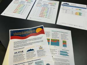 AK STAR testing results and materials are displayed on a table at the Kenai Peninsula Borough School District office on Monday in Soldotna.. (Ashlyn OHara/Peninsula Clarion)