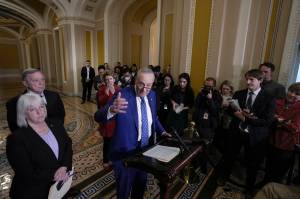 Senate Majority Leader Chuck Schumer, D-N.Y., joined from left by Sen. Patty Murray, D-Wash., Majority Whip Dick Durbin, D-Ill., and Sen. Debbie Stabenow, D-Mich., speaks to reporters following a closed-door policy meeting on the lame duck agenda, at the Capitol in Washington, Tuesday, Nov. 15, 2022. (AP Photo / J. Scott Applewhite)