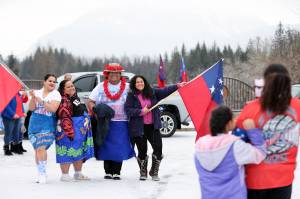 Bree Lee Lo, June Enele, Lemoe Eneliko and Moira Anemia pose for a photo taken by Alexandra and Barron Anemia. All were on hand to celebrate Samoa's Rugby League World Cup run. (Ben Hohenstatt / Juneau Empire)