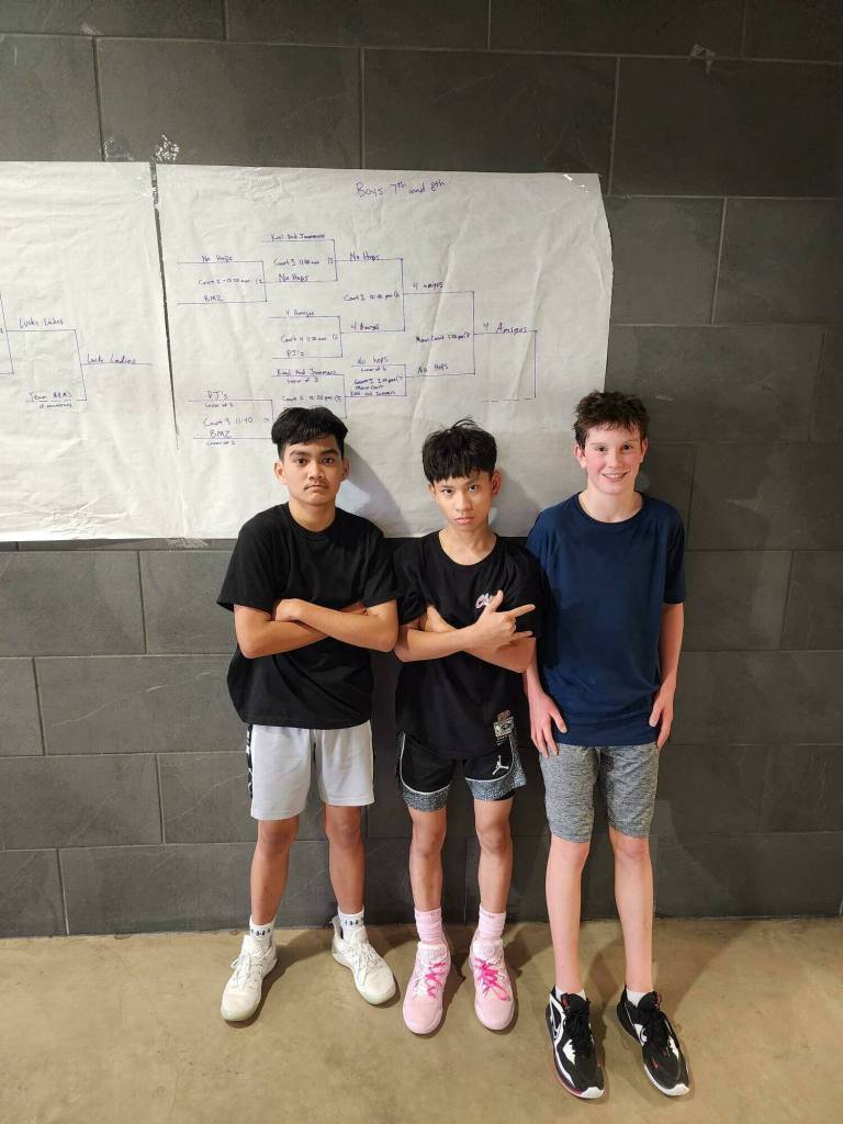 This photo shows 3v3 Pre-Season Tournament division-winning team 3 Amigos, featuring Wrenz Del Rosario, Aaron Lzo and Logan Fellman. (Courtesy Photo)