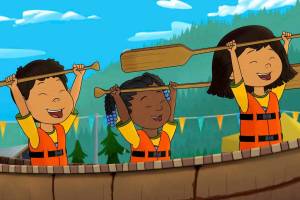 This image released by PBS shows characters, from left, Tooey, voiced by Sequoia Janvier, Trini, voiced by Vienna Leacock and Molly, voiced by Sovereign Bill, in a scene from the animated series Molly of Denali. The animated show, which highlights the adventures of a 10-year-old Athabascan girl, Molly Mabray, has been nominated for two Emmys. (PBS)
