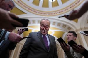 Senate Majority Leader Chuck Schumer, D-N.Y., briefs reporters as he returns from a White House meeting with President Joe Biden and other congressional leaders, at the Capitol in Washington, Tuesday, Nov. 29, 2022. Biden is looking to ensure government funding and lock in more legislative wins before Democrats lose control of the House in January. (AP Photo / J. Scott Applewhite)