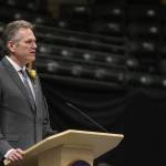 Alaska Gov. Mike Dunleavy addresses the audience during his inauguration ceremony Monday, Dec. 5, 2022, in Anchorage, Alaska. Dunleavy, a Republican, last month became the first Alaska governor since Democrat Tony Knowles in 1998 to win back-to-back terms. (AP Photo/Mark Thiessen)