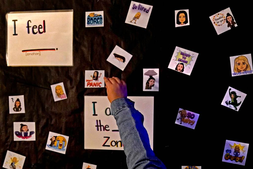 FILE - A student visits a sensory room at Williams Elementary School, on Nov. 3, 2021, in Topeka, Kan. Schools contending with soaring student mental health needs and other challenges have been struggling to determine just how much the pandemic is to blame.   (AP Photo / Charlie Riedel)