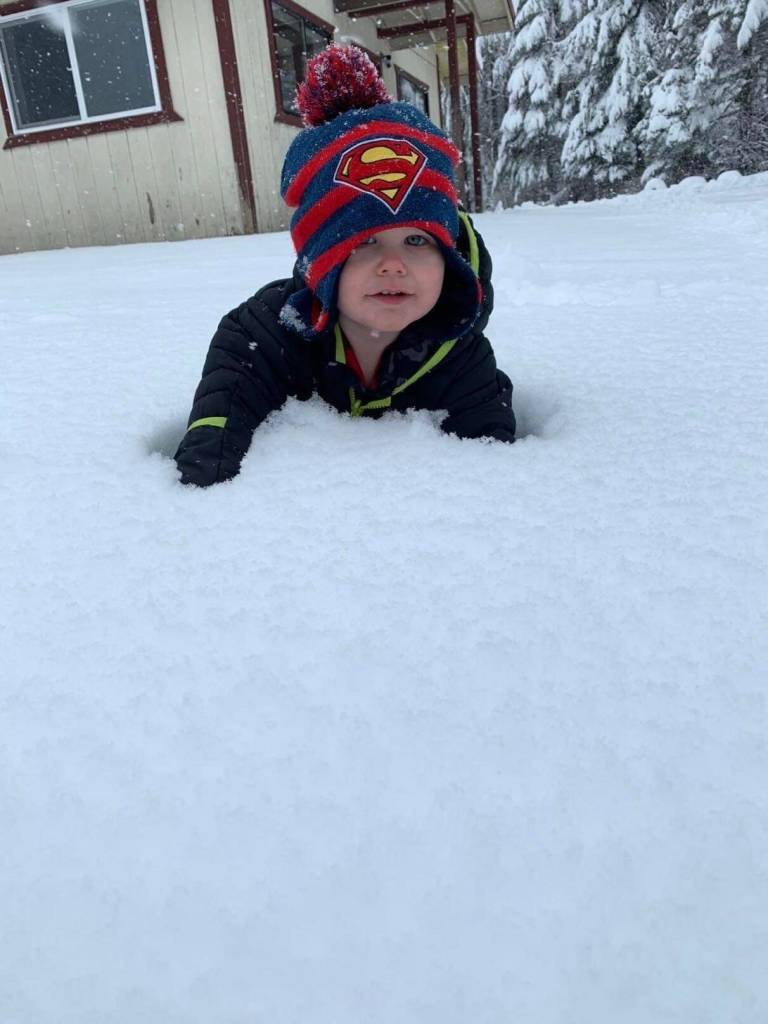 Grandson/nephew Bear Hurst in snowy yard in Wrangell. (Courtesy Photo / Nikka Mork)