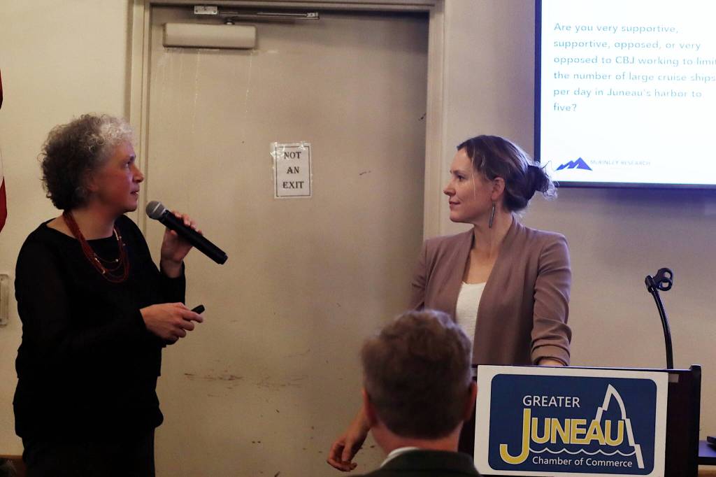 McKinley Research Group President Susan Bell, left, and CBJ Tourism Manager Alexandra Pierce discuss the results of an annual survey of residents about tourism during the Juneau Chamber of Commerces weekly luncheon Thursday at the Juneau Moose Family Center. (Mark Sabbatini / Juneau Empire)