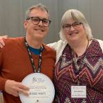 City and Borough of Juneau City Manager Rorie Watt and Mayor Beth Weldon smile for a photo at the Alaska Municipal League luncheon Thursday afternoon. Watt was named AMLs municipal official of the year at the event. (Courtesy / CBJ)