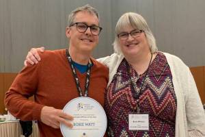 City and Borough of Juneau City Manager Rorie Watt and Mayor Beth Weldon smile for a photo at the Alaska Municipal League luncheon Thursday afternoon. Watt was named AMLs municipal official of the year at the event. (Courtesy / CBJ)