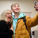 Alaska Division of Elections Director Gail Fenumiai poses for a selfie in her office during the Nov. 23 ranked choice tally of the general election with Robin ODonoghue, one of only a few observers to watch the process despite the attention and controversy it attracted during the campaign. Fenumiai, who presided over the tally during a live broadcast, teared up while thanking election workers for their efforts. (Mark Sabbatini / Juneau Empire)