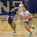 Ben Hohenstatt / Juneau Empire 
TJ Guevarra dribbles and looks to pass while defended by Jace Ribao during practice at TMHS.