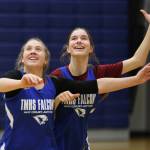 Ben Hohenstatt / Juneau Empire
Ashlyn Gates and Cailynn Baxter practice boxing out during practice at Thunder Mountain High School. Gates and the Baxter twins are among the athletic core that gives coach Andly Lee confidence that TMHS can compete with any team on its schedule.