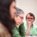 KTOO President and General Manager Bill Legere watches public testimony at the public radio stations board meeting in September of 2018. Current and former station employees expressed concerns about newsroom atmosphere and what they felt was unfair treatment by upper management. (Michael Penn / Juneau Empire File)