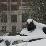 Snow blankets a statue in front of the Alaska State Capitol. (Michael S. Lockett / Juneau Empire File)