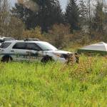Juneau Police Department officers Austin Thomas and Taylor Davis walk a fielded area blocked off by crime scene tape on Sept. 22 after the body of Faith Rogers was discovered. Multiple tents and a police vehicle also occupied the field during the onset of the investigation. (Clarise Larson / Juneau Empire)