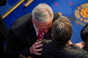 Rep. Kevin McCarthy, R-Calif., talks with Rep. Andy Ogles, R-Tenn. Before the eighth round of voting for speaker as the House meets for the third day to elect a speaker and convene the 118th Congress in Washington, Thursday, Jan. 5, 2023. (AP Photo / Andrew Harnik)