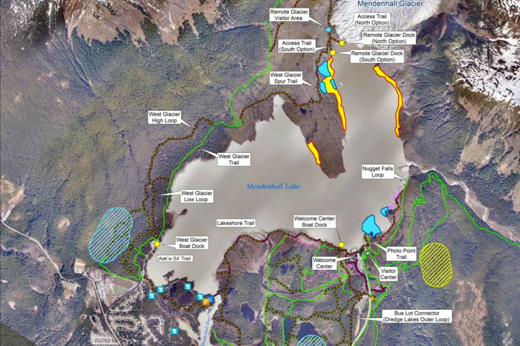 A map showing Alternative 2, the most aggressive of seven options for expanding the Mendenhall Glacier Recreational Area, highlights key features that would be subject to various levels of development. (U.S. Forest Service)