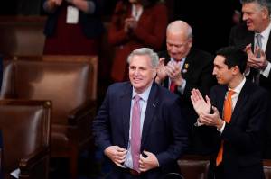 Rep. Kevin McCarthy, R-Calif., stands as he is nominated for a twelfth time in the House chamber as the House meets for the fourth day to elect a speaker and convene the 118th Congress in Washington, Friday, Jan. 6, 2023. (AP Photo / Alex Brandon)