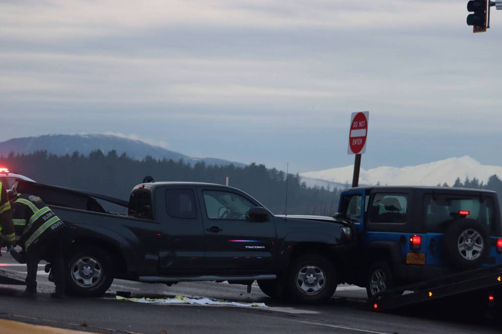 A Toyota Tacoma and Jeep Wrangler, seen here, were the other two cars involved during a crash on Thursday afternoon. (Jonson Kuhn / Juneau Empire)