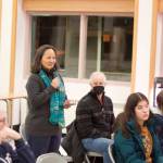 Mark Sabbatini / Juneau Empire 
Lisa Xunyéil Worl, a longtime advocate for education and other issues, asks Juneaus legislative delegation about the prospects for public broadcasting funding from the state during a town hall meeting Wednesday evening at Dzantiki Heeni Middle School.