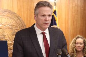 Gov. Mike Dunleavy explains his plan for Alaska to cash in on carbon credits during the unveiling of his proposed state budget for next year Dec. 15 at the Alaska State Capitol. He outlined legislation to enter carbon markets during a press conference Thursday in Anchorage. (Mark Sabbatini / Juneau Empire).