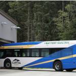The only electric bus enters the City Borough of Juneau Capital Transits bus barn in late August. Capital Transit is preparing for the addition of seven electric buses which are slated to hit Juneaus roads sometime in summer of 2024. (Clarise Larson / Juneau Empire File)