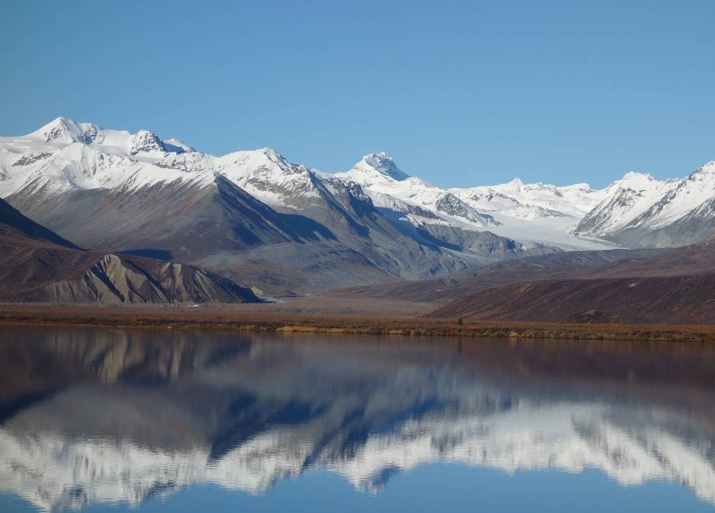 Gulkana Glacier, here seen from Summit Lake off the Richardson Highway, is shrinking back into the mountains of the Alaska Range. (Courtesy Photo / Ned Rozell)