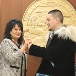 State Rep. Cathy TIlton, R-Wasilla, takes to gavel from State Rep. Josiah Patkotak, I-Utqiaġvik, after she is elected speaker of the Alaska State House on Wednesday. She was elected by a 26-14 bipartisan vote, but the initial majority consists of 19 Republicans and four members of the Bush Caucus. (Mark Sabbatini / Juneau Empire)