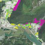 This image is a screen grab of an interactive online map that outlines the different pieces of vacant and underdeveloped property in Juneau. According to the map website, privately owned vacant parcels are highlighted yellow, CBJ Lands and Resources owned vacant parcels are highlighted pink and private developed properties below maximum allowable housing density are highlighted green. (Courtesy / City and Borough of Juneau)