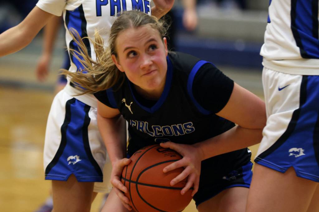 After securing a rebound, TMHS junior Ashlyn Gates gets ready to rise for a shot at the basket. (Ben Hohenstatt / Juneau Empire)