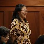 Katie Botz, a Juneau school bus driver honored by Gov. Mike Dunelavy for her advocacy on behalf of abuse victims, stands to applause during his recognition of her during the State of the State speech Monday night at the Alaska State Capitol. (Clarise Larson / Juneau Empire)
