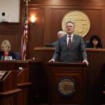 Gov. Mike Dunleavy delivers his State of the State address to a joint session of the Alaska State Legislature on Monday. (Clarise Larson / Juneau Empire)