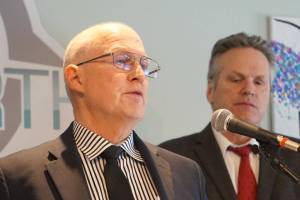 Jim Cockrell, commissioner of the Alaska Department of Public Safety, speaks in Wasilla at a May 3, 2022, news conference. Cockrell has ordered an investigation after troopers mistakenly took a school principal into custody for a mental health exam. (Photo by Yereth Rosen / Alaska Beacon)