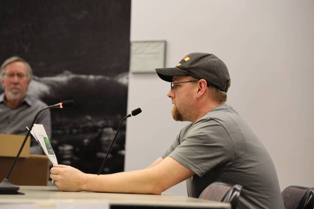 Clarise Larson / Juneau Empire 
Darrin Crapo, president of the Juneau Off-Road Association, provides information during a presentation of the proposed off-road vehicle riding park at 35 Mile which was up for permit consideration and later approved at the Tuesday evening planning commission meeting.