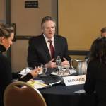 Mark Sabbatini / Juneau Empire 
Gov. Mike Dunleavy talks about his second-term agenda with members of the Alaska Chamber of Commerce, which is doing a two-day legislative fly-in this week, before his speech during the Juneau Chambers weekly luncheon Thursday. The speech and subsequent question period was at the Baranof Hotel to accommodate the extra out-of-town guests spending much of their time at the Alaska State Capitol, rather than the usual location at the Juneau Moose Lodge Family Center.