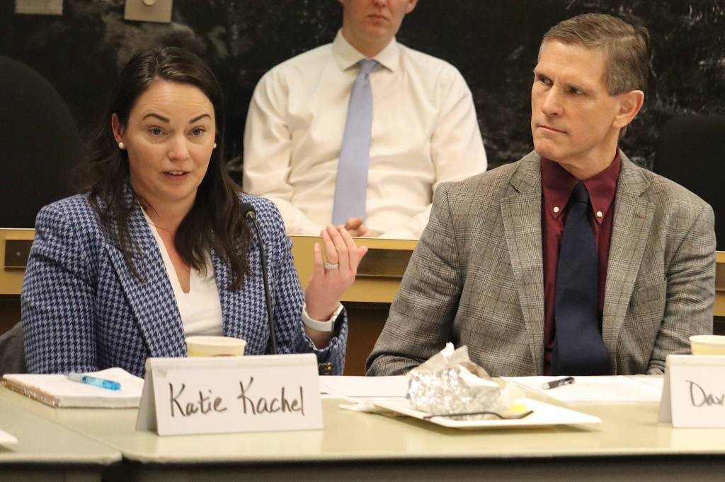 Mark Sabbatini / Juneau Empire 
Katie Kachel and Dave Jansen, the citys lobbyists in Washington, D.C., discuss how the new makeup of the U.S. Congress, with Republicans instead of Democrats controlling the House, is likely to affect local matters such as federal funding for projects.