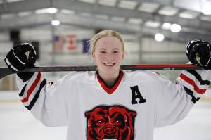 Anna Dale, a senior and the Juneau-Douglas High School: Yadaa.at Kalé Crimson Bears Varsity hockey teams assistant captain, goes above and beyond on and off the ice. Dale talked with the Empire about her love for the game and how hockey will continue to play a role in her future after high school. (Clarise Larson / Juneau Empire) Clarise Larson / Juneau Empire)