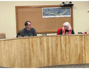 Library Director Dave Berry and Advisory Board Chair Kate Finn participate in Library Advisory Board meeting on Tuesday Jan. 17, 2023, at Homer City Hall, in Homer, Alaska. (Photo by Emilie Springer/Homer News)