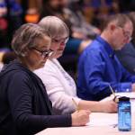 Judge Amy Mead, Mayor Beth Weldon, state Sen. Jesse Kiehl, state Rep. Sara Hannan and former University of Alaska Southeast professor Chip McMillan evaluate the final public forum debate between between Felix Myers and Jamison Dunn of Sitka and Killian Connolly and Kate Thomas of Ketchikan. (Ben Hohenstatt / Juneau Empire)