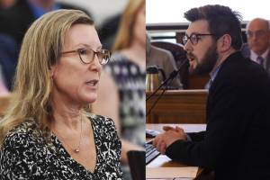 This combination image shows former Alaska Office of Management and Budget Director Donna Arduin, left, and current director Neil Steininger presents portions of Gov. Mike Dunleavys proposed budgets at the start of his first and second terms in 2019 and 2023, respectively. The two represent vastly different approaches the governor has taken in interacting with legislators at the start of those two terms. 
Michael Penn and Mark 
Sabbatini / Juneau Empire