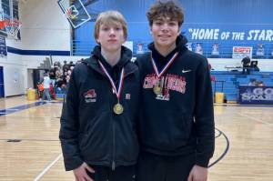 JDHS junior Sean Oliver and senior Orion Dybdahl share all-tournament honors at the conclusion of this years 3-game Al Howard Shootout tournament in Soldotna. (Courtesy Photo / Robert Casperson)