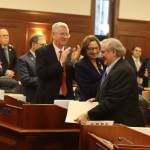 Alaska Supreme Court Chief Justice Daniel Winfree gets a standing ovation from the Alaska State Legislature as he enters the House chamber Wednesday to deliver his final State of the Judiciary speech. Winfree is stepping down next Monday when he reaches the mandatory retirement age of 70. (Mark Sabbatini / Juneau Empire)