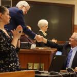 Alaska Supreme Court Chief Justice Daniel Winfree greets state Sen. President Gary Stevens, R-Kodiak, before the State of the Judiciary speech. Stevens said the speech, in which Winfree emphasized the importance of a judicial branch free of the political influence some legislators would like to impart, was the finest hes heard from a chief justice during his 22 years as a state lawmaker. (Mark Sabbatini / Juneau Empire)