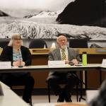 Clarise Larson / Juneau Empire 
City and Borough of Juneau Mayor Beth Weldon and Bartlett Regional Hospital Board President Kenny Solomon-Gross sit next to each other during a joint meeting between the Assembly and hospitals senior leadership team and board to discuss the hospitals current multi-million dollar deficit and financial state.