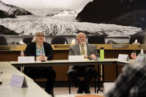 Clarise Larson / Juneau Empire 
City and Borough of Juneau Mayor Beth Weldon and Bartlett Regional Hospital Board President Kenny Solomon-Gross sit next to each other during a joint meeting between the Assembly and hospitals senior leadership team and board to discuss the hospitals current multi-million dollar deficit and financial state.