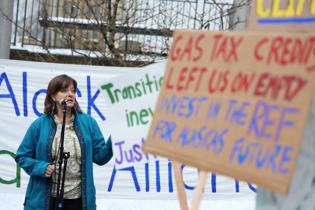 Clarise Larson / Juneau Empire 
Independent Rep. Alyse Galvin of Anchorage speaks to a crowd of climate activists who held a rally outside the Alaska State Capitol Friday afternoon in advocacy for legislative action to improve Alaskas renewable energy development and future sustainability.