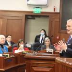 U.S. Sen. Dan Sullivan addresses a joint session of the Alaska State Legislature in the House chambers on Tuesday. The Republican senator, appearing on the same day as Democratic President Joe Bidens State of the Union speech (and thus absent from it), criticized the administration on issues ranging from drugs to opposing resource development in Alaska. (Mark Sabbatini / Juneau Empire)