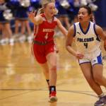 Mikah Carandang dribbles while surveying the court during a home game against Wasilla. She was tightly defended by Meilee Merchant. (Ben Hohenstatt / Juneau Empire File)