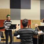 Flordelino Lagundino, middle, directs the cast of Frank Henry Kaash Katasses newest play, Reeling, as part of the Alaska Theater Festival: Radio Plays on Wednesday at KTOO Studios. Reeling will be performed in-person and on-air this Saturday at KTOO Radio Station. (Jonson Kuhn / Juneau Empire)