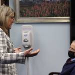 Jen Winkelman, commissioner-designee for the Alaska Department of Corrections, discusses staffing and other challenges the prison system is facing with state Sen. Matt Claman, R-Anchorage, chair of the Senate Judiciary Committee on Friday following her confirmation hearing. The committee voted to send her nomination to the full Senate for a confirmation vote. (Mark Sabbatini /Juneau Empire)